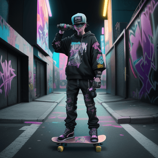 AI generated: Cyberpunk style, a cat standing on a skateboard, wearing a backwards baseball cap and holding a boom...