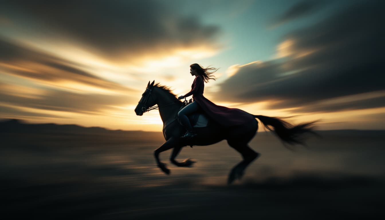 AI generated: a woman on horse, motion blur photo, capturing the dynamic movement and energy of the scene, all set...