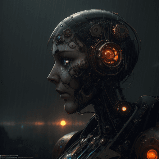 AI generated: Sadness photo of a broken steampunk robot, rain, dramatic light, pale sunrise, cinematic lighting, b...