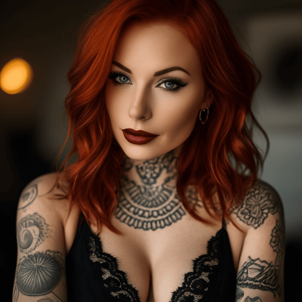 AI generated: red hair woman, ultra realistic, high quality, 8k, tattoo