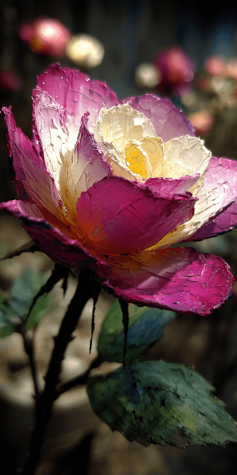 AI generated: rose, close-up, palette knife technique, heavy impasto --chaos 75 --ar 1:2 --profile x3fq9up --styli...