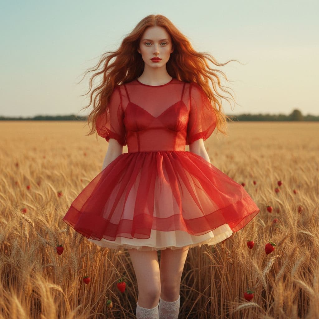 AI generated: "High-resolution full-body vertical portrait. Cinematic style, red-haired supermodel, fair skin, det...