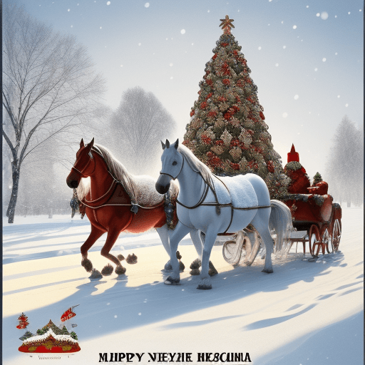 AI generated: New year post card with ded moroz and snegurochka russian slades with three horses snow and decorate...