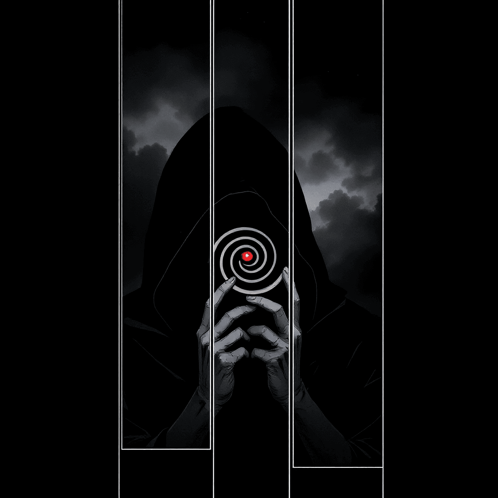 AI generated: Dark anime wallpaper, vertical minimal composition, black background with several narrow vertical re...