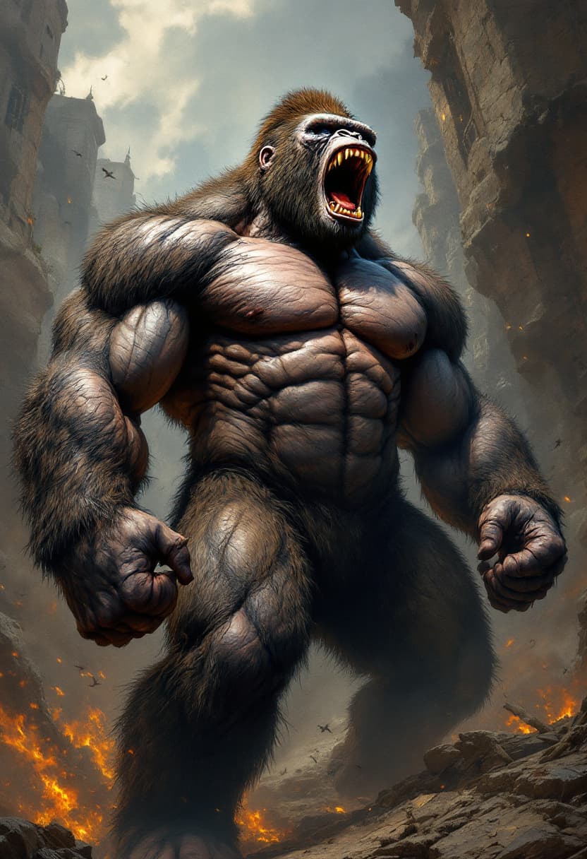 AI generated: Artwork designed by AI, realistic details, sharp, full body image, King Kong shouting, bodybuilder f...