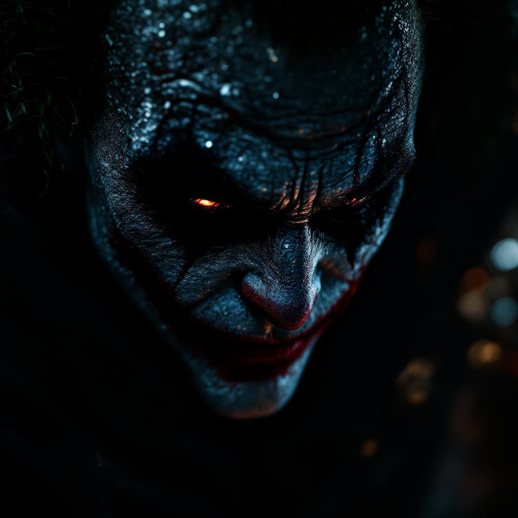 AI generated: The joker with no makeup0 and  face hidden in the darkness only glowing eyes 8k, intricate detail, p...