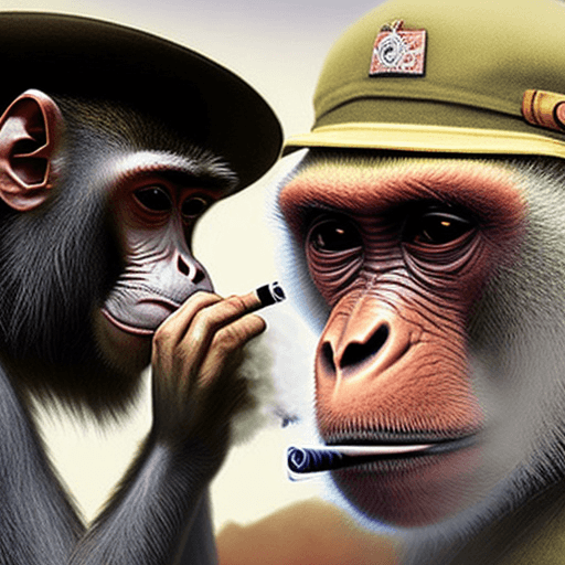 AI generated: Hyper realistic eye level photo of a Monkey smoking cigarettes during war 