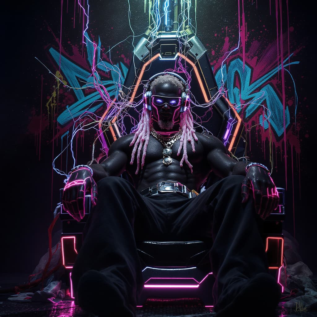 AI generated:  A full-body 3D illustration of a futuristic cyberpunk African American male, his skin is very dark ...