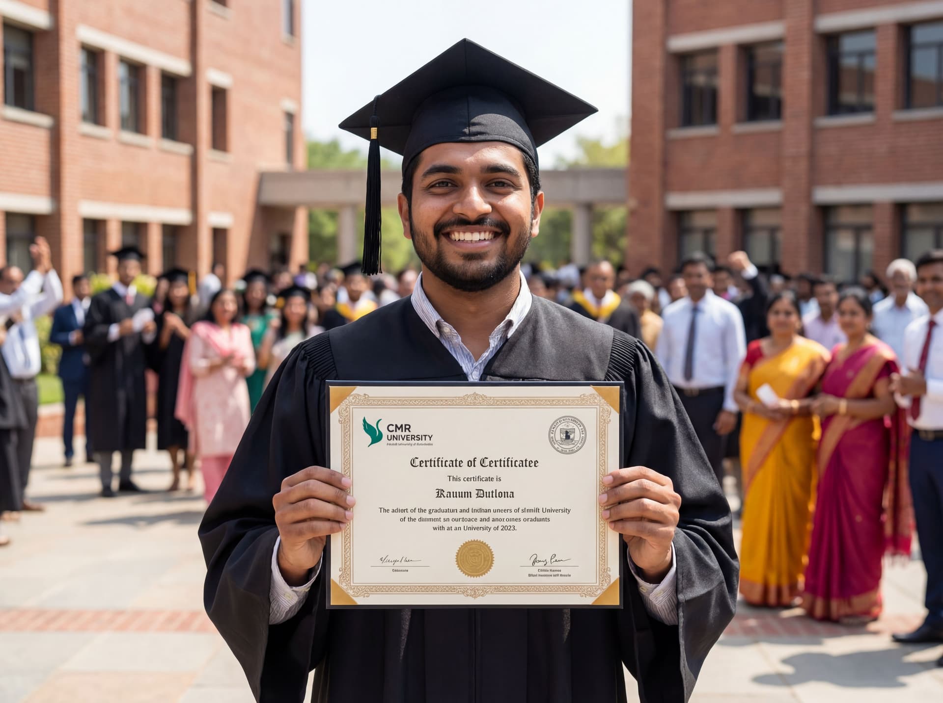 AI generated: Create your Graduation image using a Prompt Cmr logo should be Visible ,graduation attritre ,graduat...