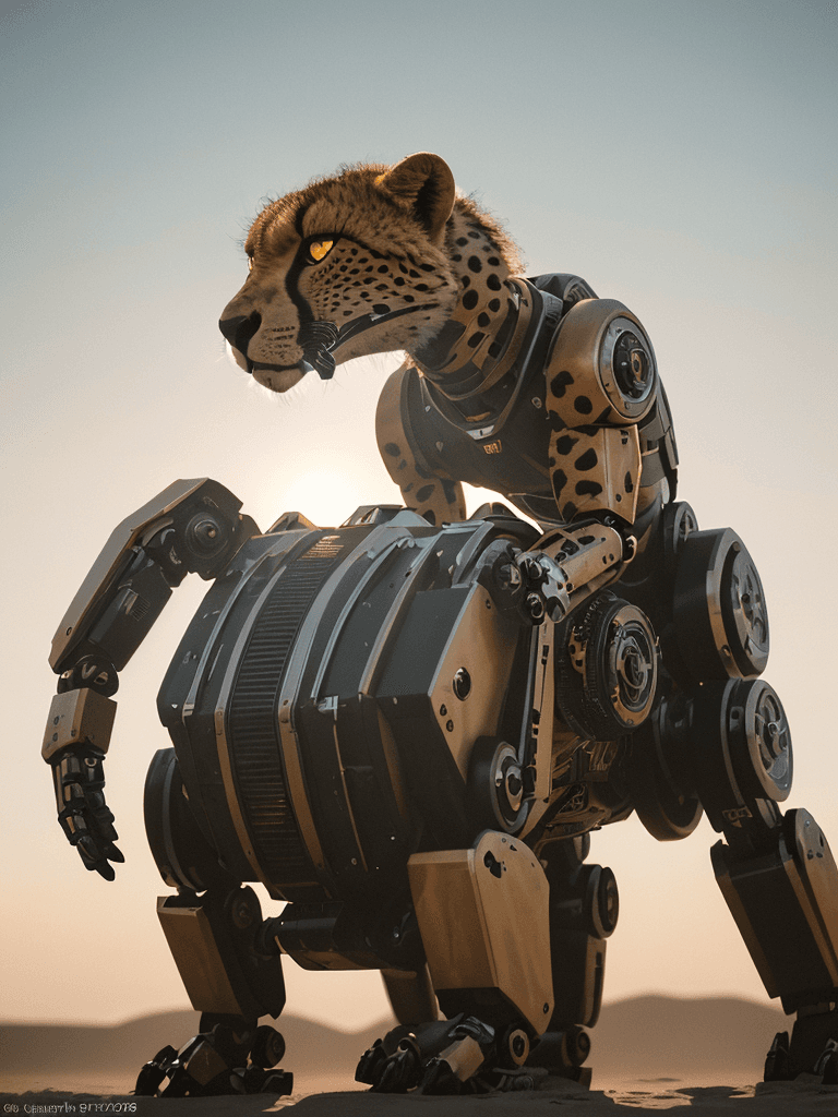 AI generated: Photo of a robotic cheetah, dramatic light, pale sunrise, cinematic lighting, battered, low angle, t...