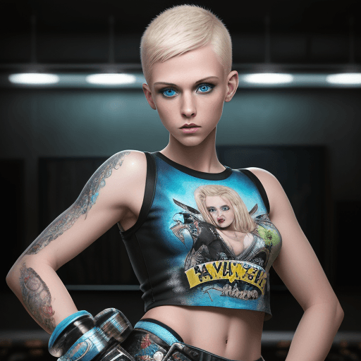 AI generated: a stunning realistic photograph of a beautiful women blonde crew cut 20 year old, wearing roller der...