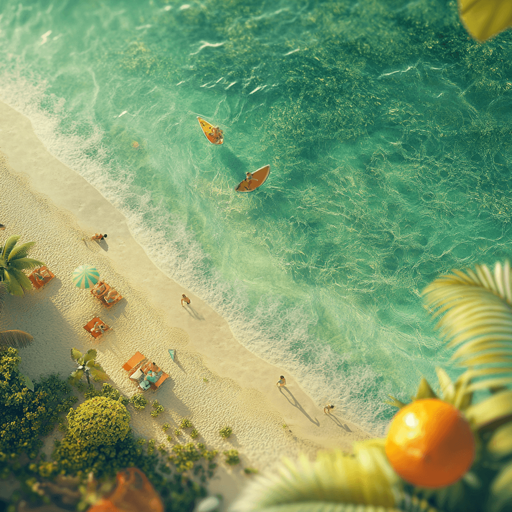 AI generated: Image of a small world: the scene includes summer and sunny weather, with a serene ocean and sandy b...