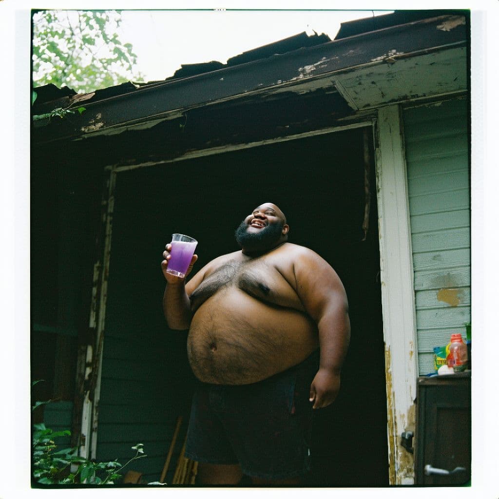 AI generated: grainy 80's photograph quality polaroid of big fat bald elated black man floating in the air with a ...