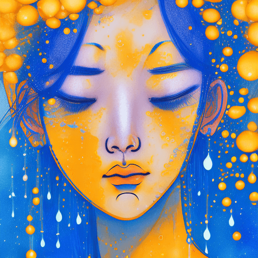 AI generated: a girl with blue hair with eyes closed, in the style of the stars art group (xing xing), yellow and ...