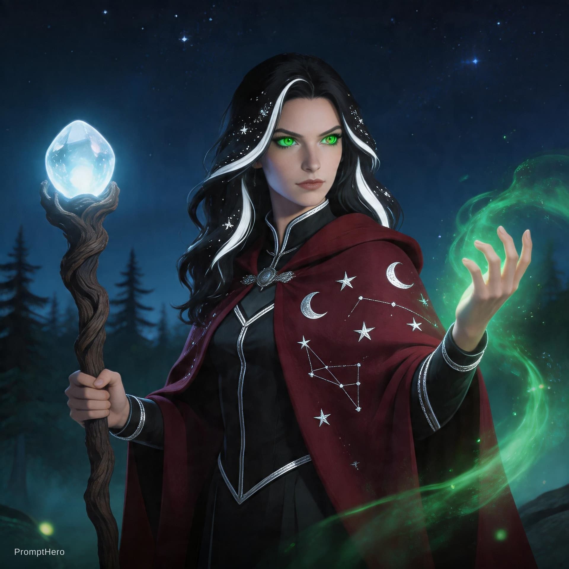 AI generated: A sorceress stands tall and confident; her long, wavy black hair, streaked with flecks of white, fra...