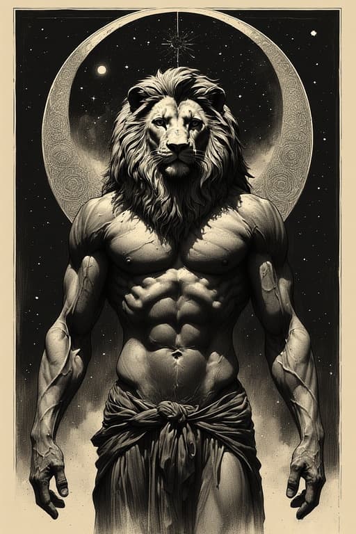 AI generated: Renaissance (((lion man))), mythic humanoid figure with the head and mane of a lion and the muscular...