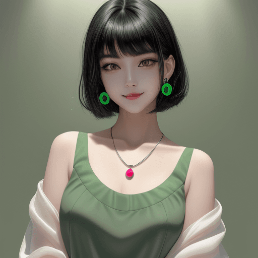 AI generated: a young lady with short greyish black hair posing with a green smiley face, in the style of hallyu, ...