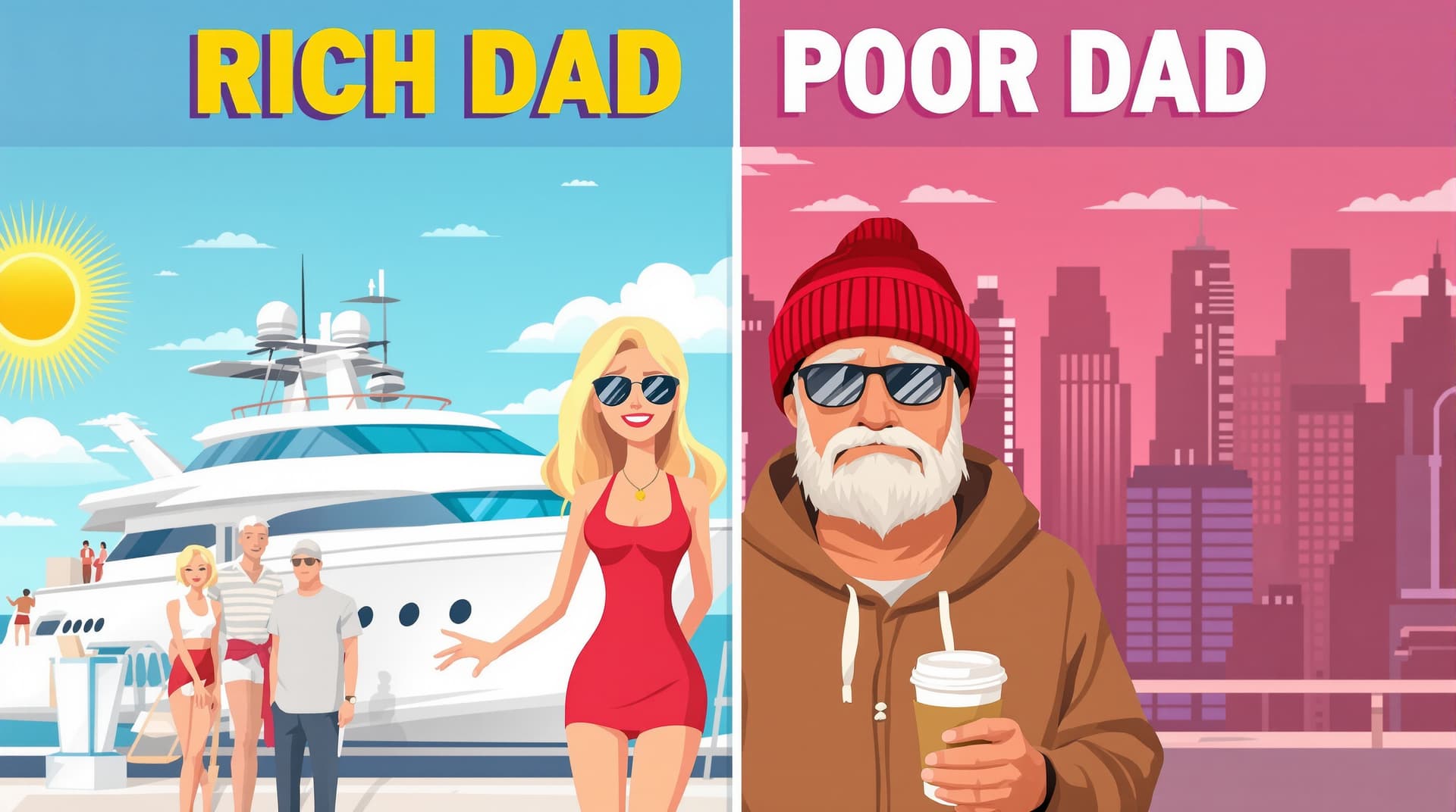 AI generated: A flat-style digital illustration in 16:9 YouTube thumbnail format, inspired by the book "Rich Dad P...