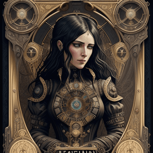 AI generated: tarot card with intricate detailed frame around the outside | portrait of steam clockwork maiden hea...