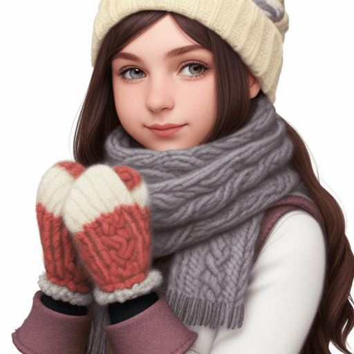 AI generated: Girl with chunky wool knitted gloves and scarf, 