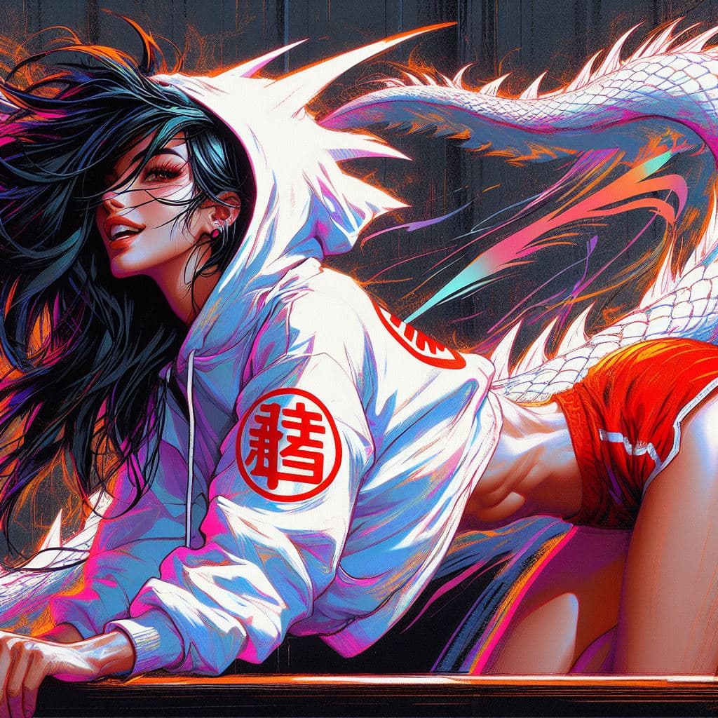 AI generated: aesthetic, painterly style, modern ink, pretty shy thin fit woman version of DBZ: Goku, smiling, exa...