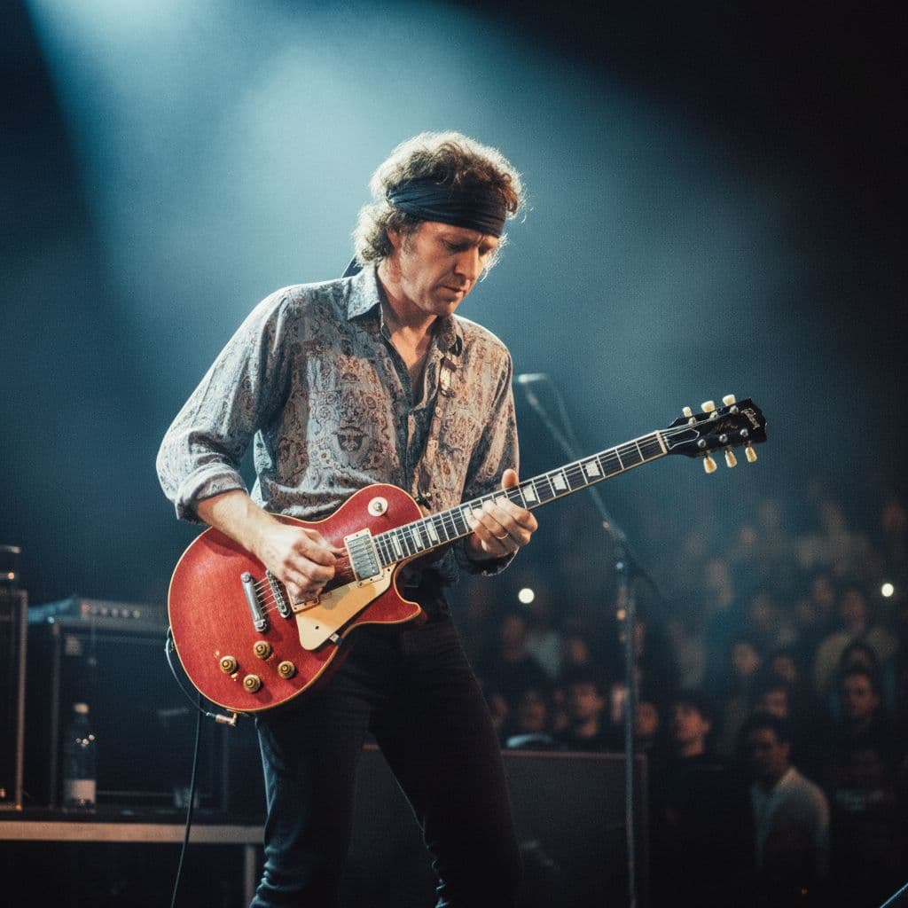 AI generated: Mark Knopfler performing live on stage in the 1980s, wearing a headband, playing electric guitar in ...