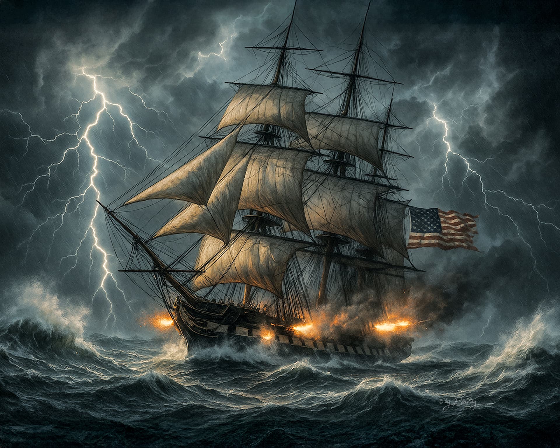 AI generated: A dramatic, high-resolution digital painting of a historic U.S. Navy tall ship resembling the USS Co...