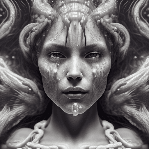 AI generated: Goddess close-up portrait ribcagel. jellyfish phoenix head, very sad, big ayes, tears,artwork. cinem...