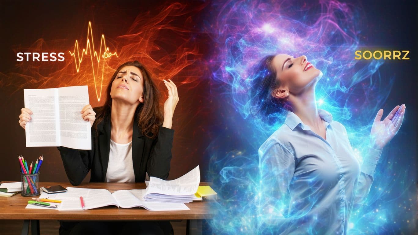AI generated: Split-screen YouTube thumbnail showing a dramatic transformation from stress to peace. Left side: A ...