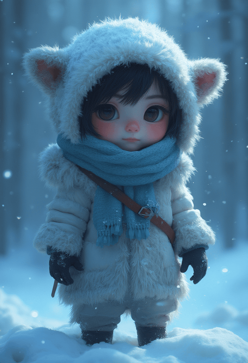 AI generated: super cute Bioluminescent snow nomad character concept, soft light, soft mood, realistic body featur...