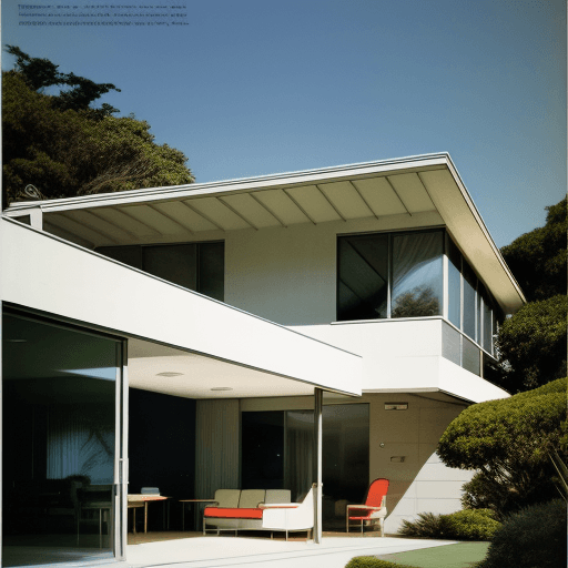 AI generated: Hyper realistic eye level exterior photo of a mid century modern style house overlooking the ocean, ...