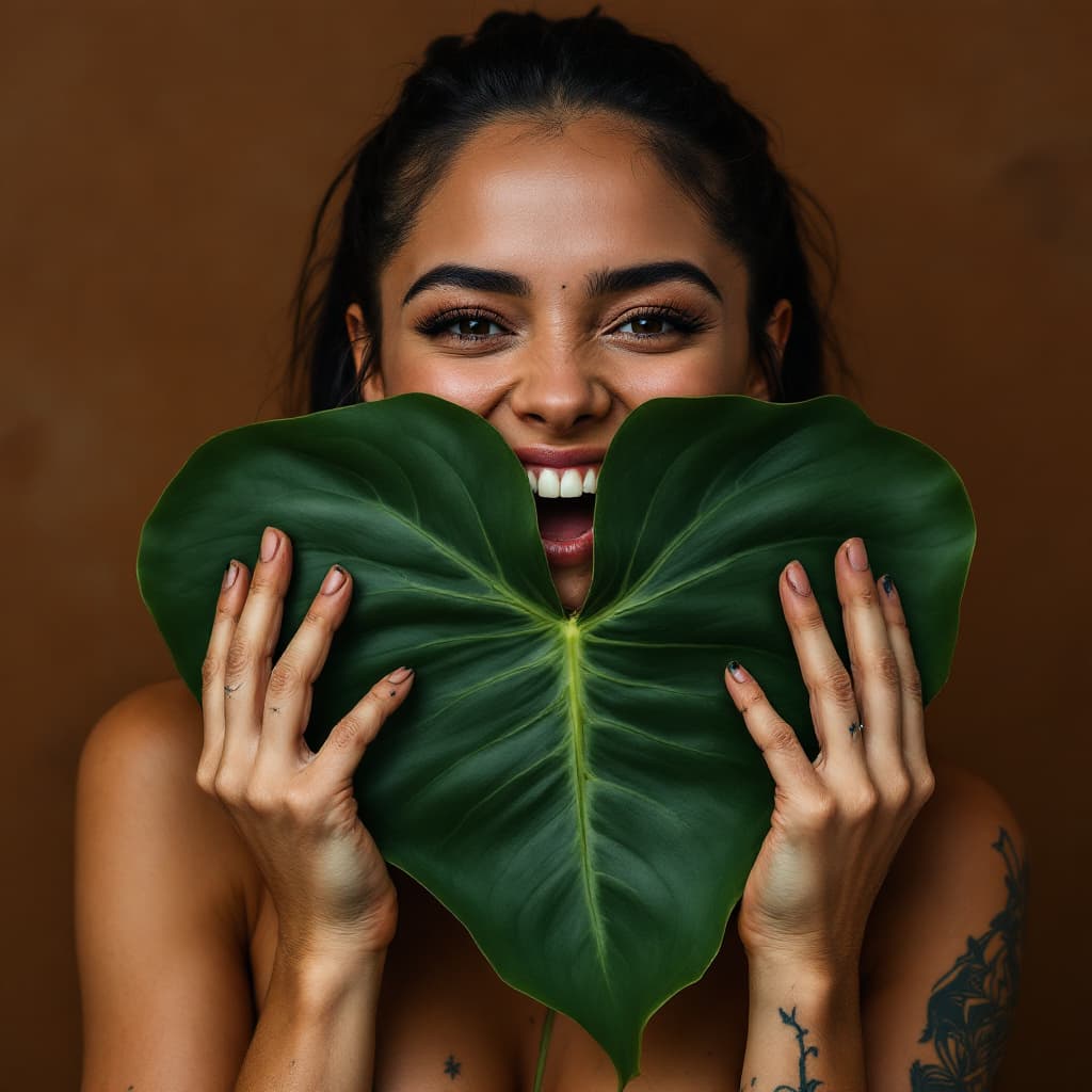 AI generated: Close-up portrait of a woman holding a large tropical leaf (like a Monstera or Alocasia) horizontall...