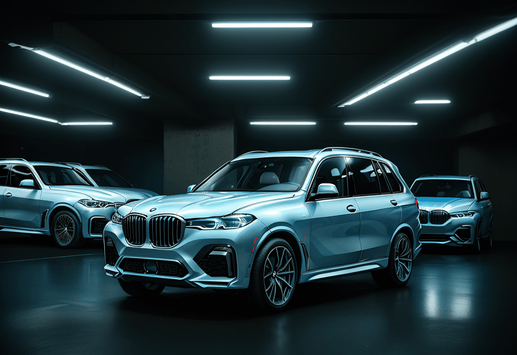 AI generated: A captivating music video scene set in a 90s BMW X7 xDrive30d M Sport Pro parking garage. The car, w...