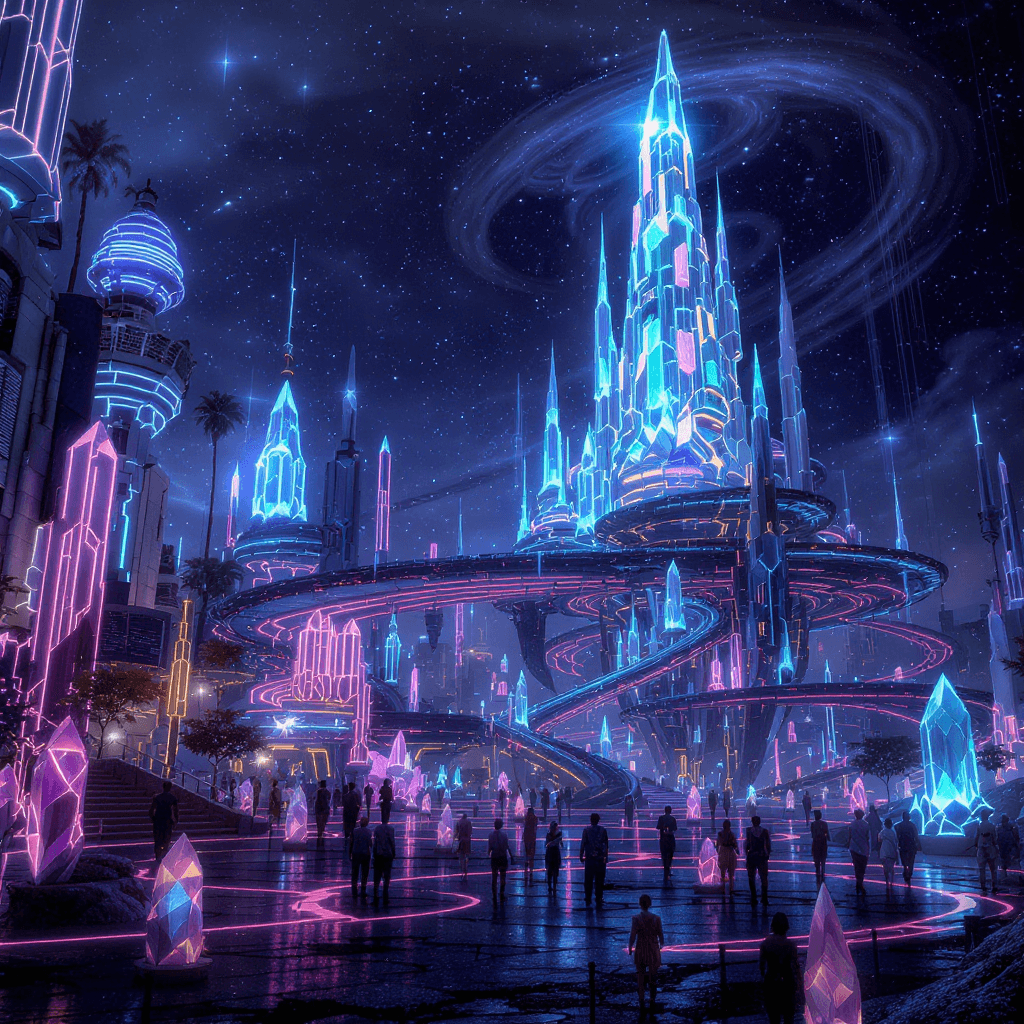 AI generated: “cyberpunk plaza with bioluminescent crystal structures.” Customized: “floating quantum citadel with...