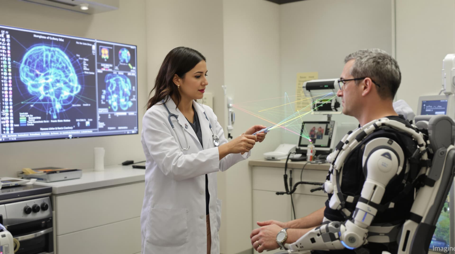 AI generated: /imagine prompt: Neurological clinic with holographic brain maps, Latina doctor adjusting neural imp...