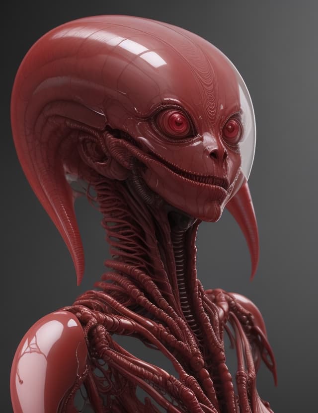 AI generated: transparent ruby red alien in the style of HR Giger from the movie Alien, beautiful organic biotech ...