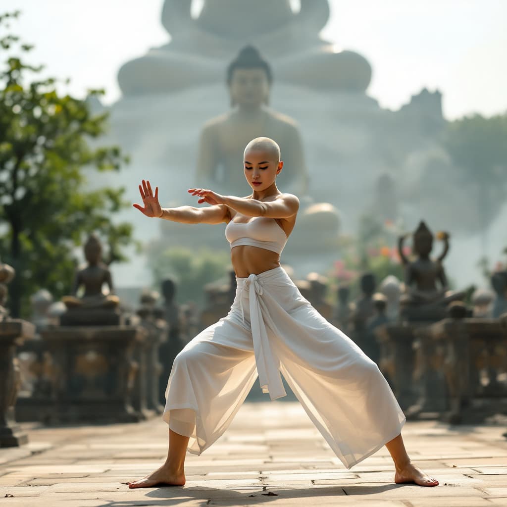 AI generated: Full body view of a bald beautiful asian woman, white minimal band covering the chest, white minimal...
