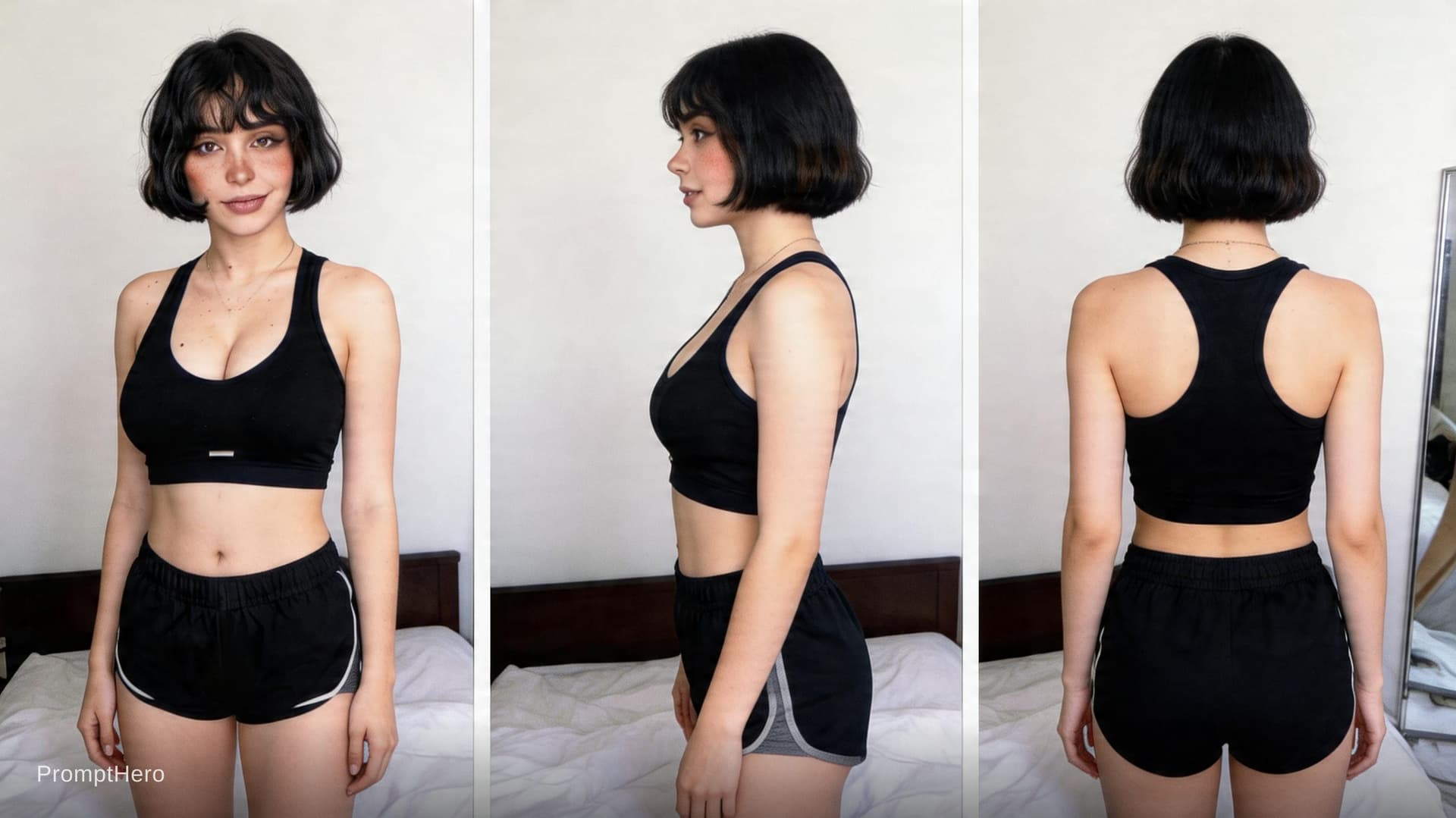 AI generated: Create a single image containing three aligned full-body views side by side:
1) Front view
2) Left s...