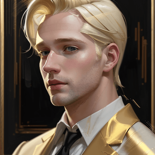 AI generated: new art : a white man 32 years old, blonde hair with golden clothes and no beard. satara by johnny t...