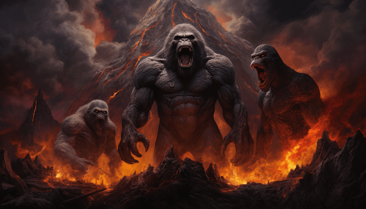 AI generated: Hyper Detailed Silverback Gorilla, Komodo Dragon and a Warlock standing beside each other, dragons f...