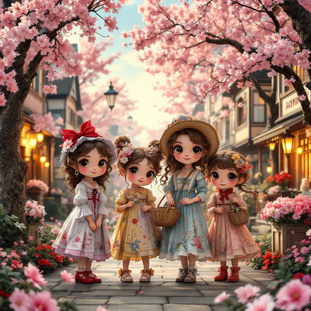 AI generated: full body shot, extremely detailed Victorian spring fashion four chibi girls intricate eyes pretty s...