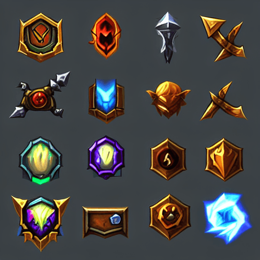 AI generated: video games icons, 2d icons, rpg skills icons, world of warcraft items icons, league of legends item...