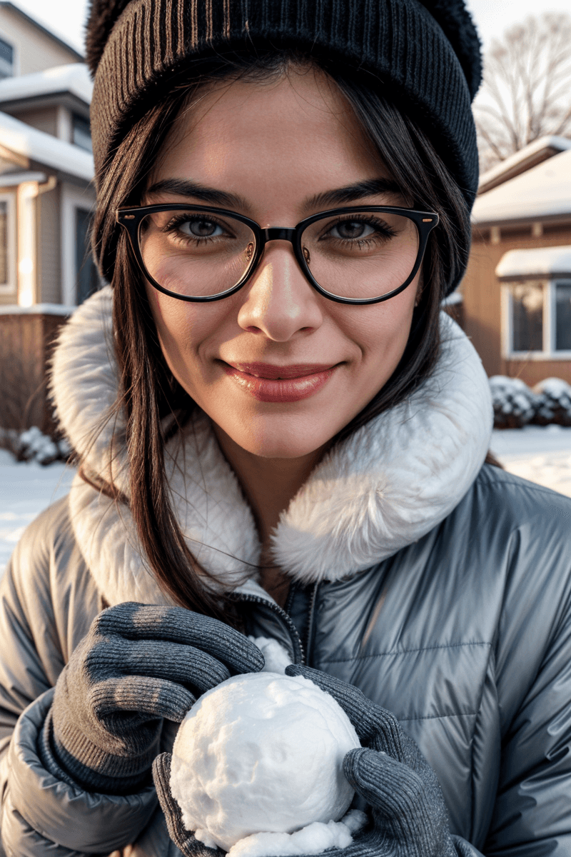 AI generated: Medium close-up, photograph of, a happy woman, straight black hair, glasses, wearing winter jacket g...