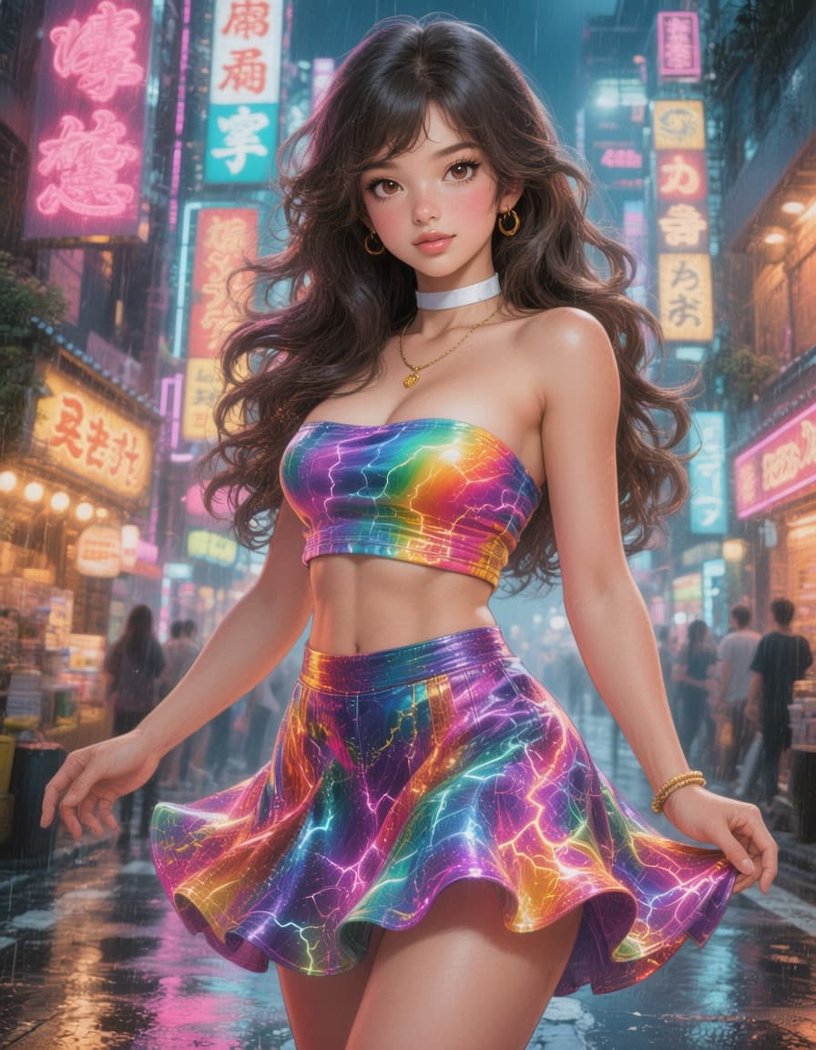 AI generated: <lora:-Omnious-:1.0>a highly detailed digital illustration depicting neon-lit cityscape at night, th...