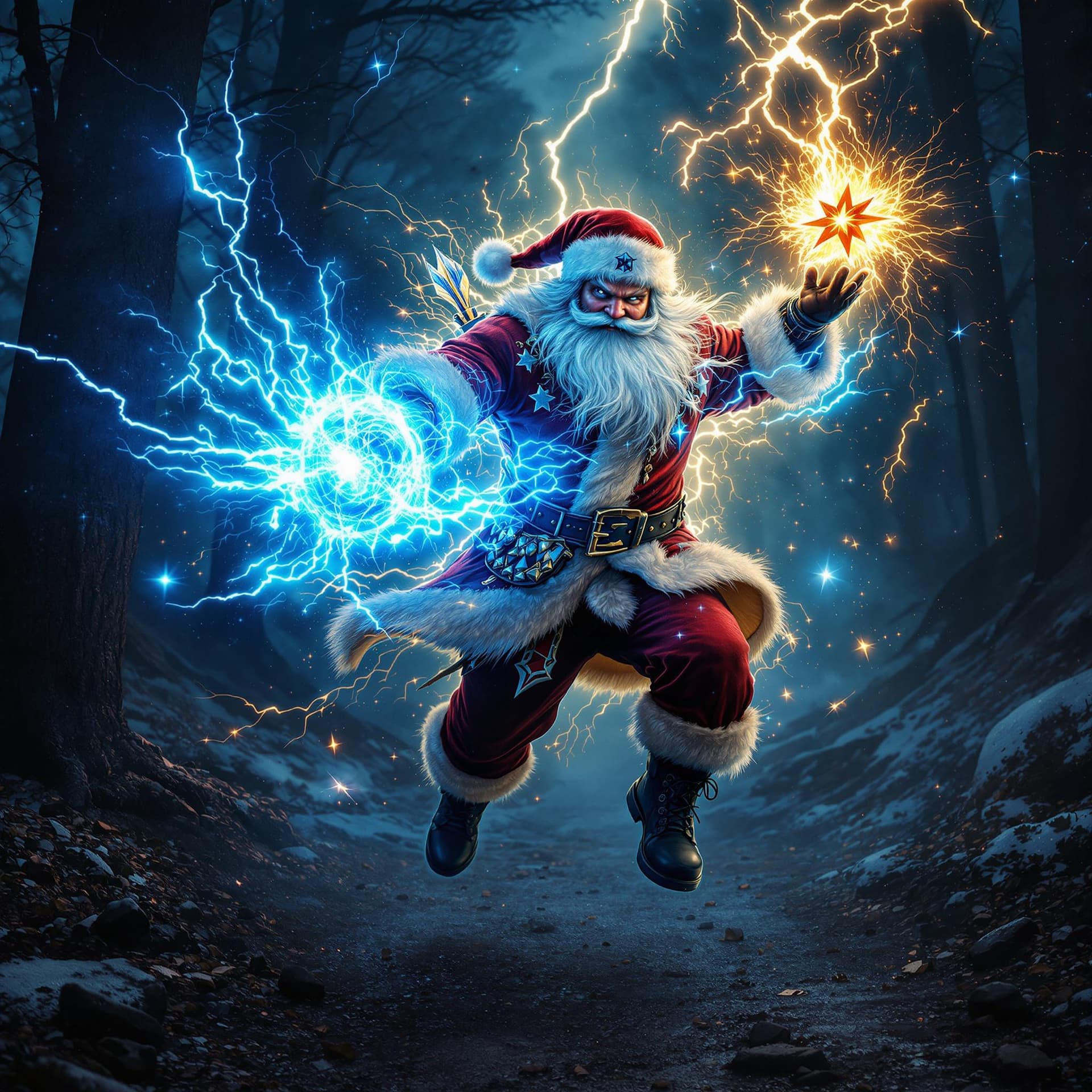 AI generated: russian uncle frost wearing rocker clothes is depicted in an action pose, swirling thunder and light...