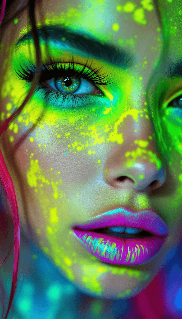 AI generated: A vibrant and attention-grabbing look using bright neon colors on the eyes, lips, or cheeks to creat...