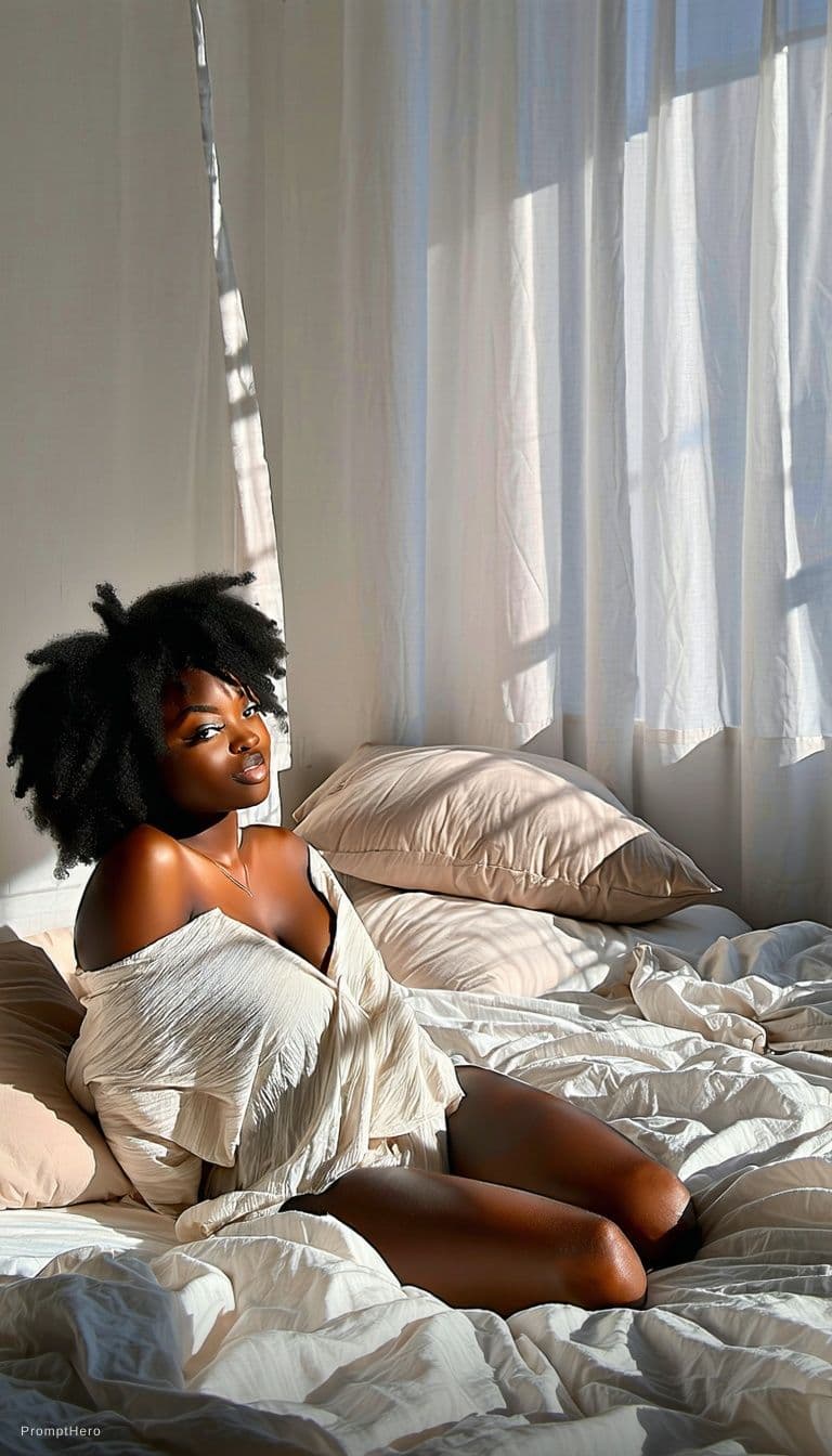 AI generated: A sun-dappled bedroom, warm afternoon light spilling across rumpled sheets. A woman with deep brown ...