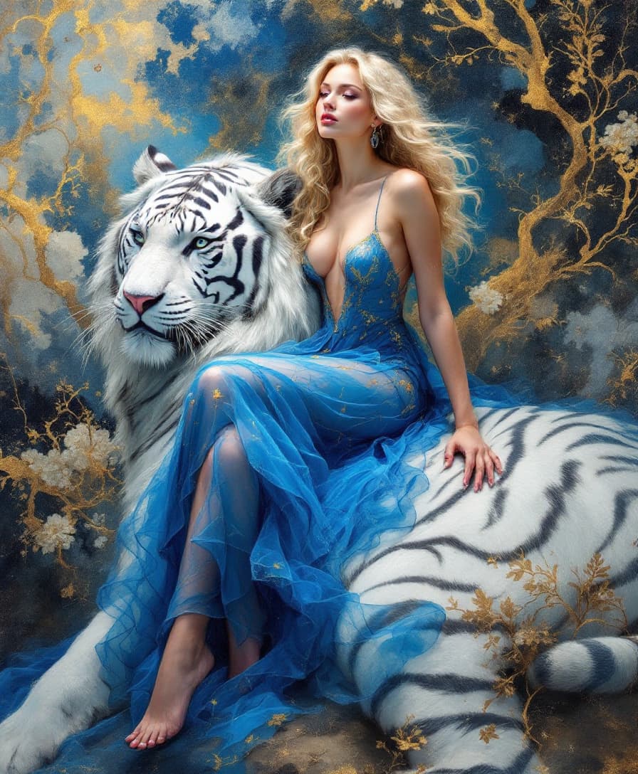 AI generated: An exquisite oil painting of a radiant blonde woman with cascading curls, in a sheer blue dress with...