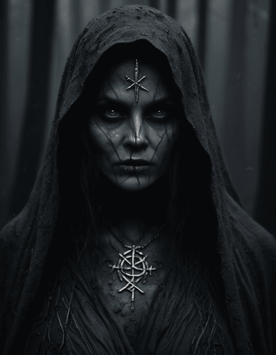 AI generated: portrait photo of a dark and eval witch with crazy eval eyes, (dirty face:1.5), wrapped in gray clot...