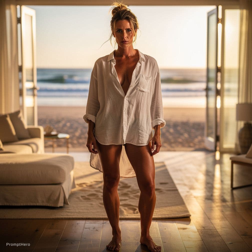AI generated: cinematic photorealistic portrait of a fit adult woman standing inside a sunlit beach house, warm go...